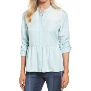 Caslon 100% Lyocell Chambray Bleach Button Down Peplum Top, Sz Medium